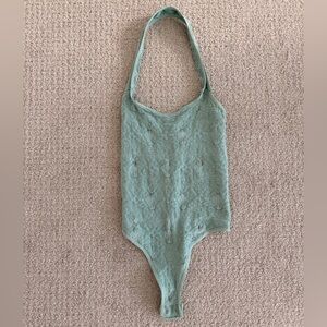 Free People Lace Halter Bodysuit Sage Green Snap Bottom